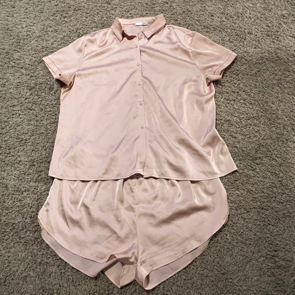 Ekouaer Pink Satin Pajama Set Womens XL Short Sleeve Button Down Shirt Shorts